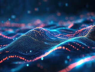 Poster - abstract digital waves with glowing particles flowing