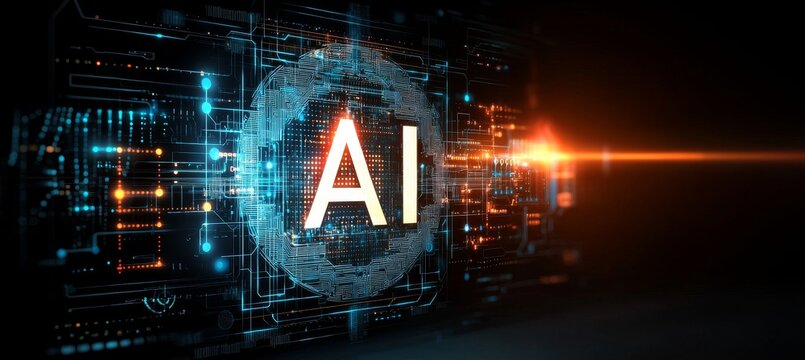 AI text displayed on a microchip, with vibrant light radiating in a powerful beam, AI concept featuring a banner with copyspace, stock image.