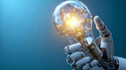 Poster - A robotic hand grasps a luminous light bulb symbolizing innovation and technology against a blue backdrop with a network pattern.