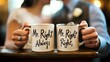 © Aysel - A newlywed couple poses with personalized coffee mugs that read 'Mr. Right' and 'Mrs. Always Right,' showcasing their wedding rings