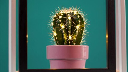 Poster - Green cactus with fairy lights in pink pot against teal background. Decorative concept