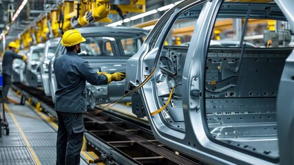 Poster - Workers assemble car frames in an advanced manufacturing facility during the day shift showcasing efficiency and teamwork