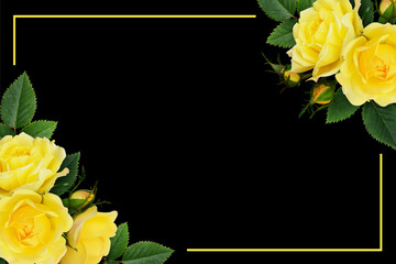 Wall Mural - yellow rose flowers in a corners compositions with yellow frame isolated on black background