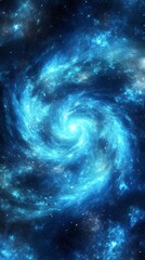 a cosmic swirl of blue and white light in a vast expanse of space with distant stars