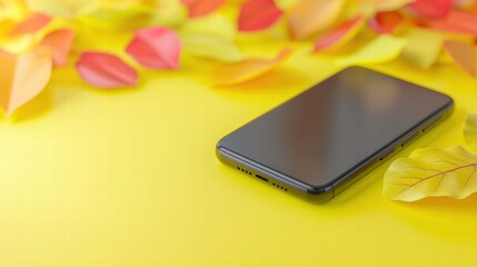 Poster - A modern cell phone resting on a bright yellow background showcasing technology and innovation