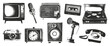 © Olgadesigner - Retro collage photocopy elements a film camera, a vintage clock, radio, a microphone, antique telephone, record player, old TV. Vector illustration.