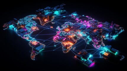 Poster - Connecting lines illuminate global networks world map gigapixel art digital environment aerial view geospatial connectivity