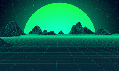 Poster - Retro background futuristic landscape 1980s style. Digital retro landscape cyber surface. Retro music album cover template: sun, space, mountains . 80s Retro Sci-Fi Background Summer Landscape.