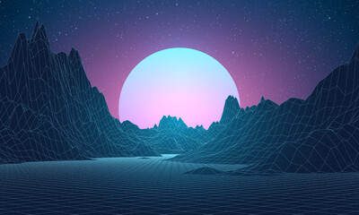 Aufkleber - Retro background futuristic landscape 1980s style. Digital retro landscape cyber surface. Retro music album cover template: sun, space, mountains . 80s Retro Sci-Fi Background Summer Landscape.