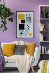 Fototapete - A colorful geometric painting mockup on the wall of an apartment. A shelf with vases and plants in pastel colors