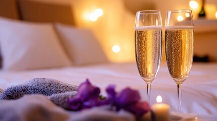 Poster - Hotel special occasion package setup with premium champagne, floral arrangements, and candles.