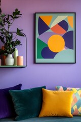 Fototapete - A colorful geometric painting mockup on the wall of an apartment. A shelf with vases and plants in pastel colors