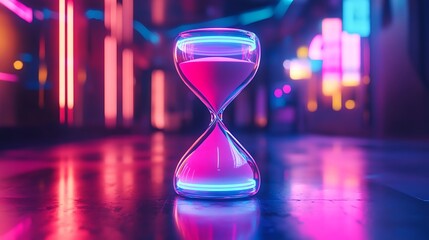 Poster - Neon Hourglass Reflecting Time in a Vibrant Cyberpunk Cityscape Digital Art Illustration