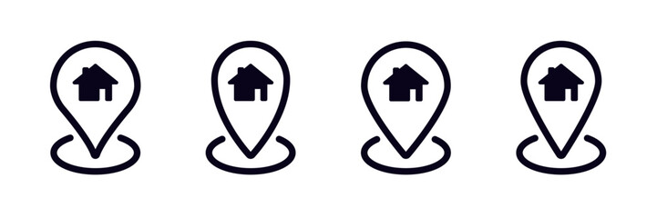 Poster - simple black house-shaped location icons each have a circular base, representing home or real estate.