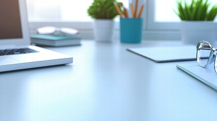 Poster - Professional desk with a laptop and glasses ready for work in a modern and productive environment