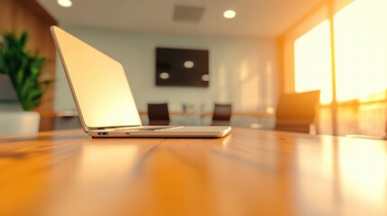 Poster - A modern laptop open on a table surrounded by a minimalistic workspace and natural lighting