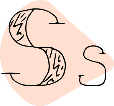 capital letter and lowercase letter S with a light beige filling background of a rounded shape black crooked lines drawn with hand