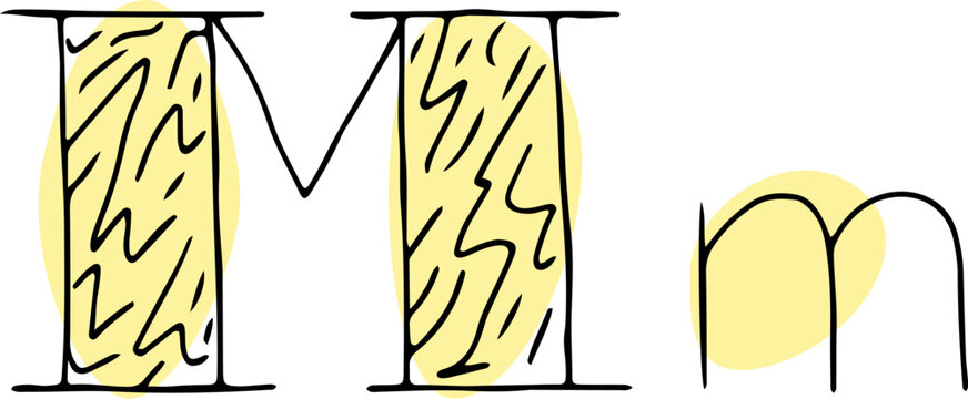 capital letter M and lowercase letter m hand drawn in black with shaded lines capital letter with light yellow fills in a rounded shape