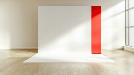 Poster - Contemporary white room featuring bold red stripes creating a unique and eye-catching interior design
