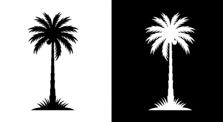 Poster - Palm Tree Silhouettes: Two stylized silhouettes of a palm tree are shown, one in striking contrast against a backdrop and the other in reverse. showcasing simplicity and elegance.