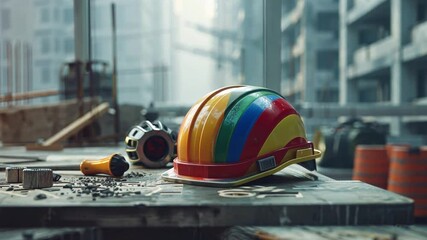 Poster - Colorful Hard Hat Construction Site Table Surrounded by Tools and Materials, Symbolizing Industry Progress Building Site with Unfinished Structure Background, Highlighting Safety and Creativity Urban
