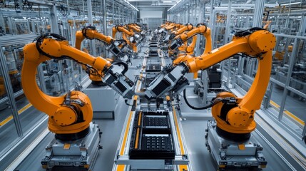 Poster - High-tech assembly line for lithium-ion batteries factory floor industrial process modern environment aerial view gigapixel technology