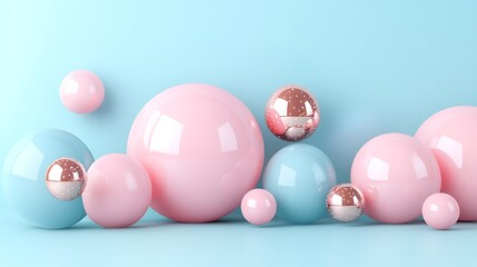 Poster - Spherical Pastel Objects Abstract Composition Still Life in Gentle Pink Blue and Metallic Accents