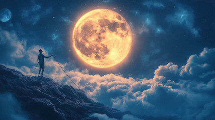 Poster - Creative scene of man pulling the full moon from the night sky symbolizing achievement