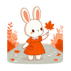 Wall Mural - Autumn bunny holding maple leaf in orange dress amid fall foliage. Vector illustration perfect for seasonal themes, fall festivals, and nature appreciation concepts.