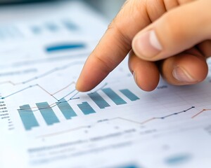 Poster - A close-up image featuring a hand pointing at financial graphs on a document, illustrating data analysis, metrics assessment, and business performance tracking.