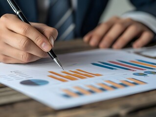 Poster - A close-up of a businessman analyzing graphs and charts, using a pen to highlight important data. The scene reflects diligence and strategic planning in a corporate environment.
