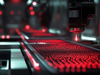Poster - A close-up view of a high-tech industrial laser cutting machine in a dark environment, with vibrant red lights illuminating the intricate patterns on the work surface.