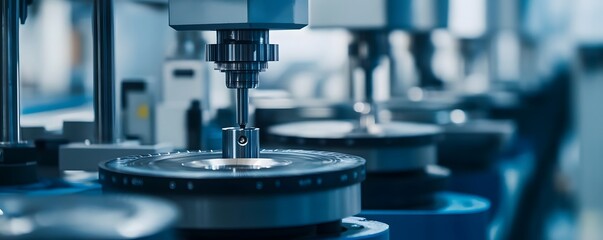 Poster - A close-up view of automated machinery in a modern industrial facility, showcasing precision engineering and advanced manufacturing techniques in a high-tech environment.