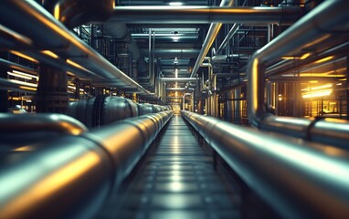 Poster - A detailed view of industrial pipes and infrastructure, showcasing the complexity and scale of modern manufacturing processes in a factory setting with dynamic lighting.