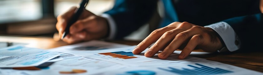 Poster - A focused individual writing notes and analyzing graphs on a desk filled with documents. The scene conveys professionalism and dedication to data-driven decisions.