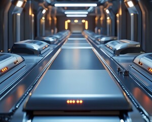 Poster - A futuristic conveyor belt system in a modern warehouse, illuminated by soft blue lights, depicting advanced technology and automation in industrial environments.
