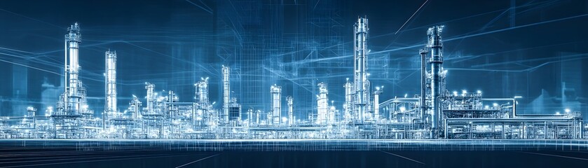 Poster - A futuristic industrial landscape featuring advanced machinery and structures, showcasing the integration of technology in modern manufacturing and energy production.