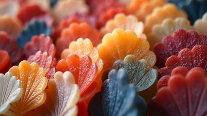 Poster - A close up of a colorful array of flower shaped objects. The objects are in various colors and sizes