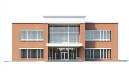 Aufkleber - A striking modern building features extensive glass windows and a spacious entryway. The brick facade exudes a contemporary charm under a clear blue sky, inviting exploration and engagement