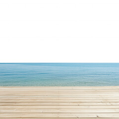 Wall Mural - Calm waterfront view with wooden deck extending over serene blue water.