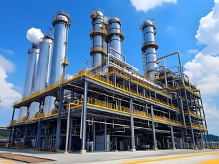 Poster - A modern industrial plant featuring tall smokestacks and a complex framework, set against a bright blue sky