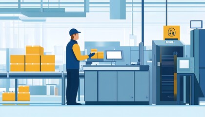 Poster - A modern warehouse scene featuring a worker at a station with packages. The environment is well-organized, emphasizing efficiency and technology in logistics and operations.