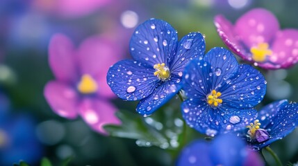 Aufkleber - Colorful blue and pink flowers bloom in a tranquil garden, adorned with glistening raindrops. Soft light enhances their vibrant beauty, creating a peaceful atmosphere