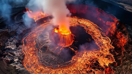 Wall Mural - volcano eruption from a bird view. volcano crater and magma flow shot from above