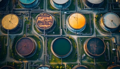 Poster - Aerial view of industrial storage tanks with vibrant colors and geometric patterns, showcasing the complex infrastructure of oil and gas facilities in an urban landscape.