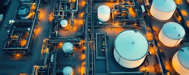 Poster - An aerial view of a modern industrial facility illuminated at night, showcasing large storage tanks and complex piping systems, highlighting technology in energy production.