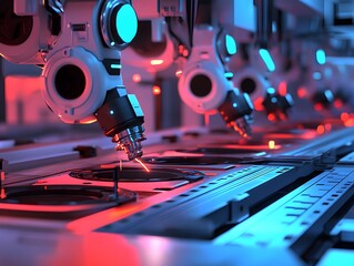 Poster - Close-up of advanced robotic arms working in a modern manufacturing facility