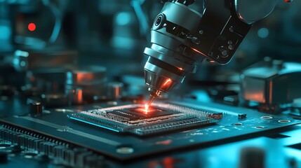 Poster - Close-up view of a robotic arm working on a microprocessor, showcasing advanced engineering and precision in electronic manufacturing under vibrant lighting.