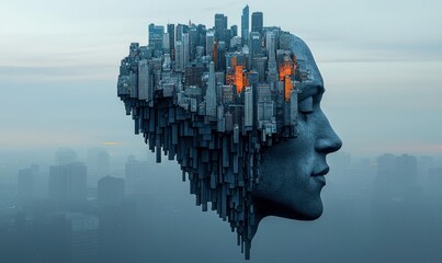 Wall Mural - cityscape forms a human head silhouette, representing urban consciousness in a futuristic style.