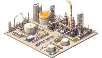 Poster - This illustration depicts a large industrial complex featuring various structures like tanks, smokestacks, and pipes, representing modern manufacturing and energy production.